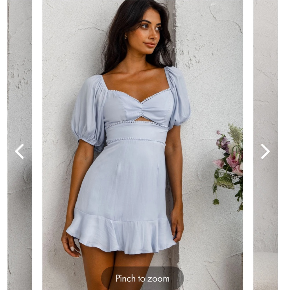 Selfie Leslie CATCH FEELINGS SWEETHEART NECKLINE PUFF SLEEVE DRESS STEEL BLUE